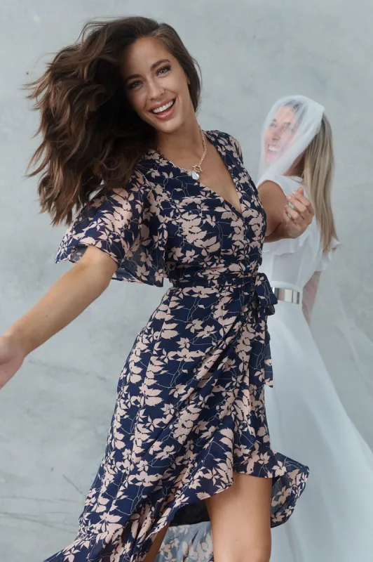 Cathy Midi Dress In Navy With Apricot Floral Chiffon sold by St Frock