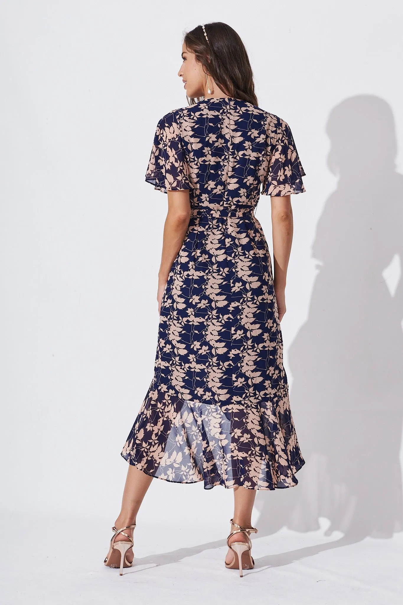 Cathy Midi Dress In Navy With Apricot Floral Chiffon sold by St Frock product image thumbnail 5