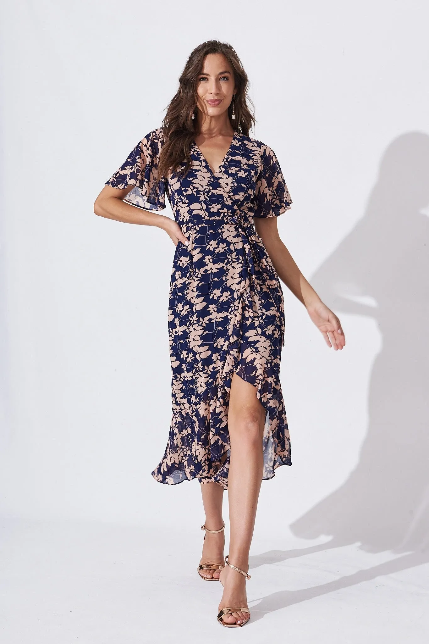 Cathy Midi Dress In Navy With Apricot Floral Chiffon sold by St Frock product image thumbnail 2