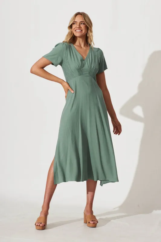 Morgan Midi Dress In Sage Green Linen sold by St Frock