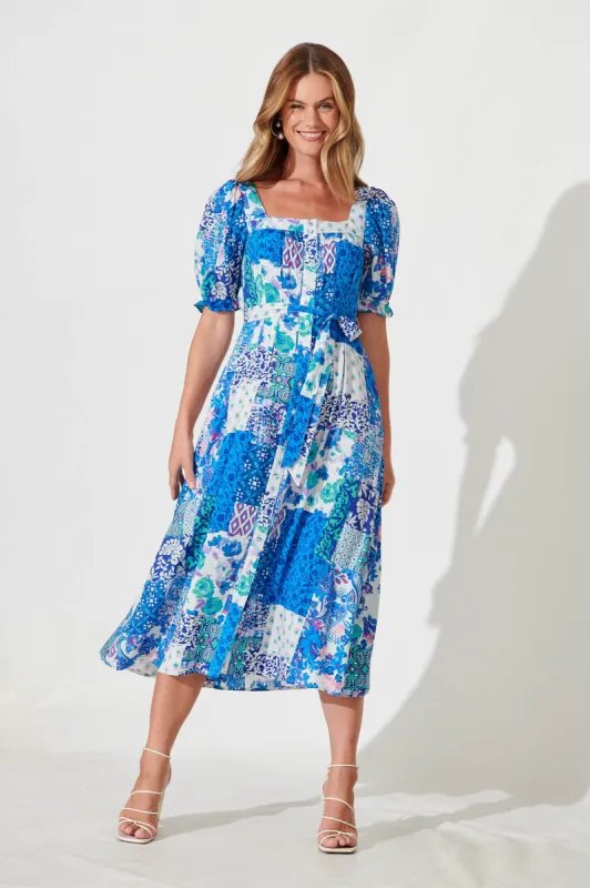 Jaqueline Midi Dress In Blue Patchwork Print sold by St Frock