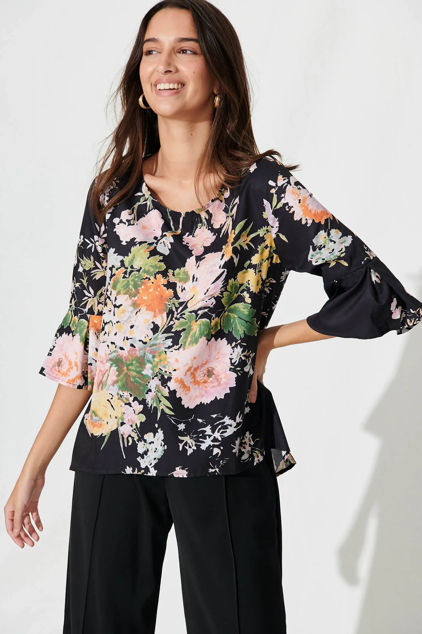 Tai Top In Black With Pink Floral sold by St Frock