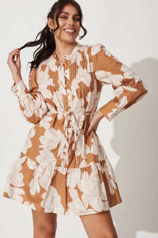 Gal Dress In Tan With White Floral Print Cotton sold by St Frock