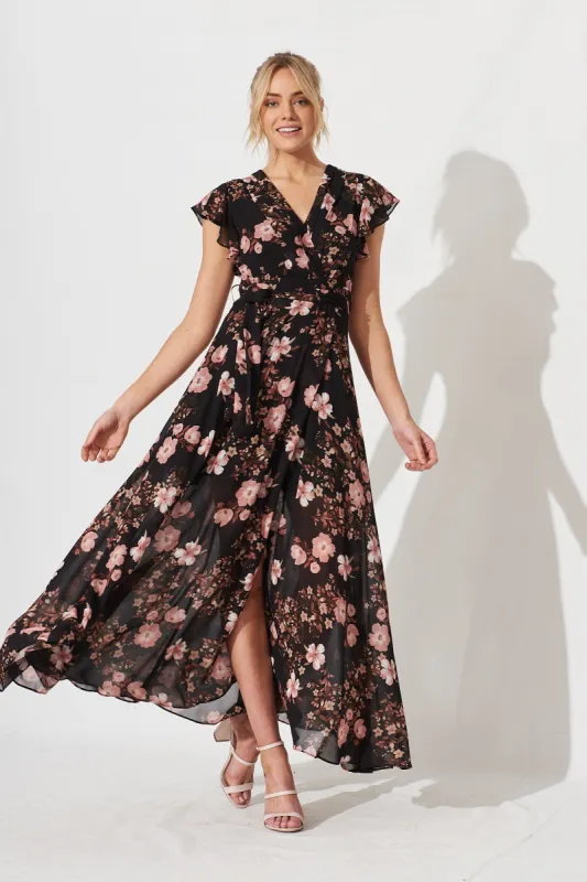 Wynter Maxi Dress In Black With Multi Floral Chiffon sold by St Frock