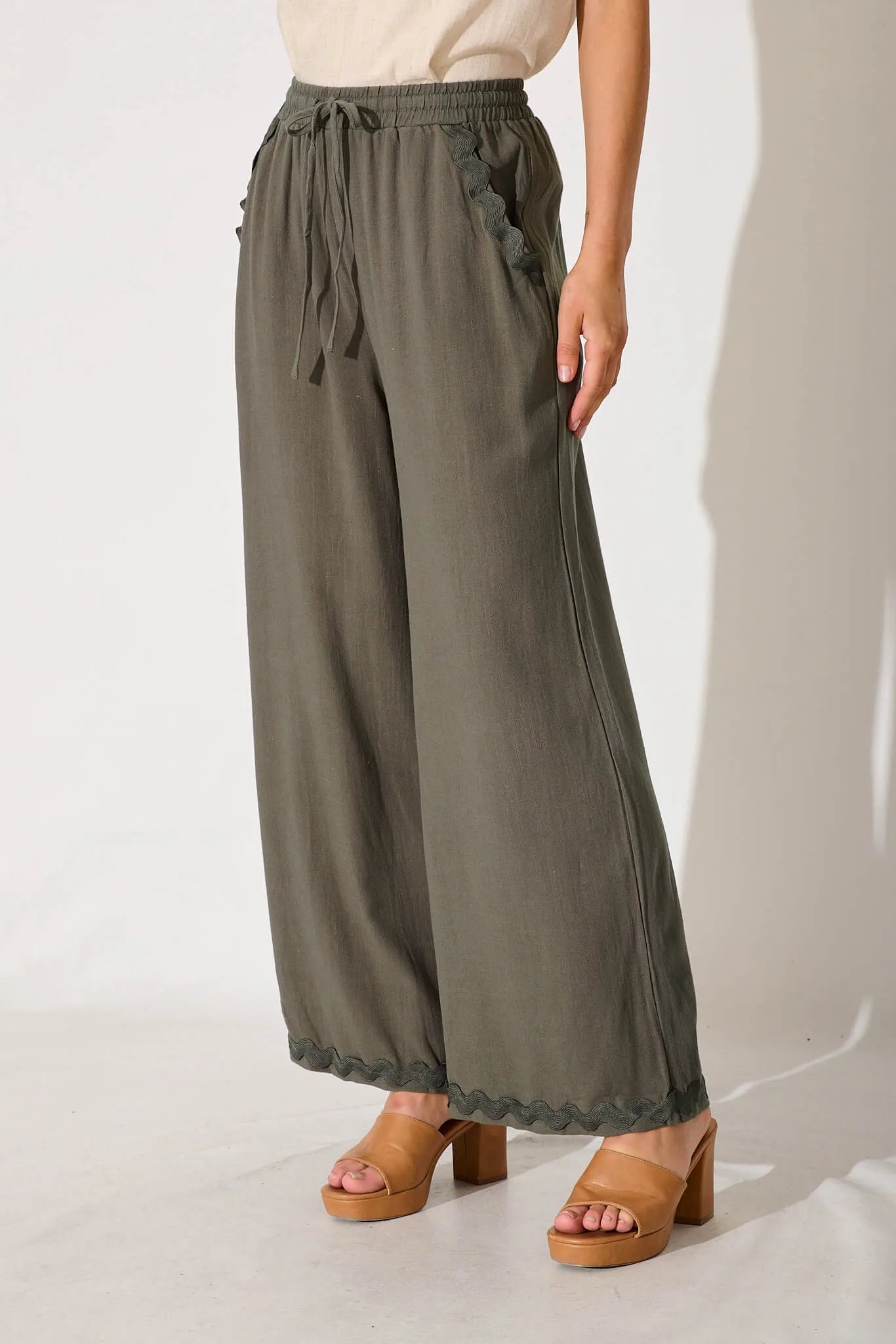 Anya Pant In Khaki With Ric Rac Trim Linen Blend sold by St Frock product image thumbnail 2