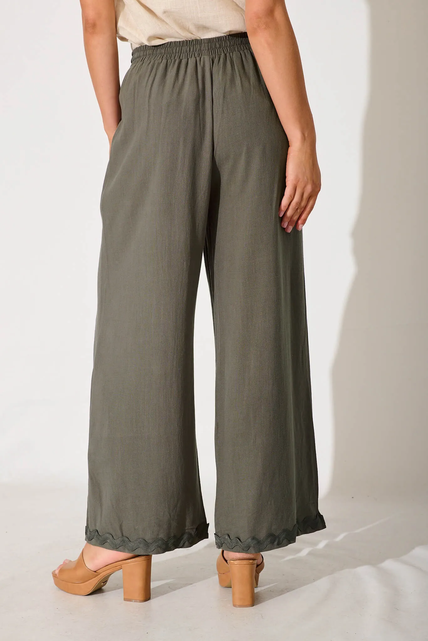 Anya Pant In Khaki With Ric Rac Trim Linen Blend sold by St Frock product image thumbnail 3