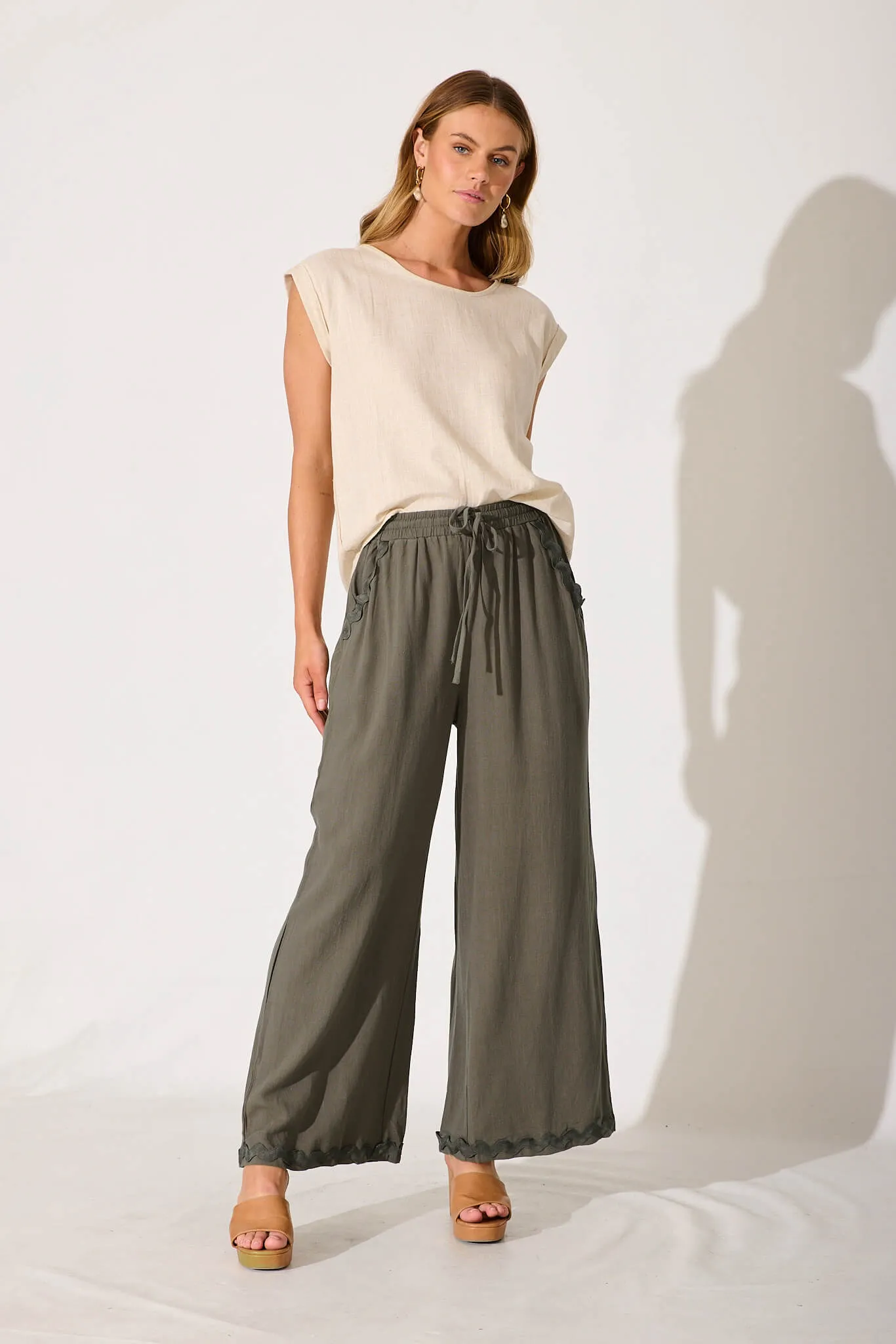 Anya Pant In Khaki With Ric Rac Trim Linen Blend sold by St Frock product image thumbnail 4
