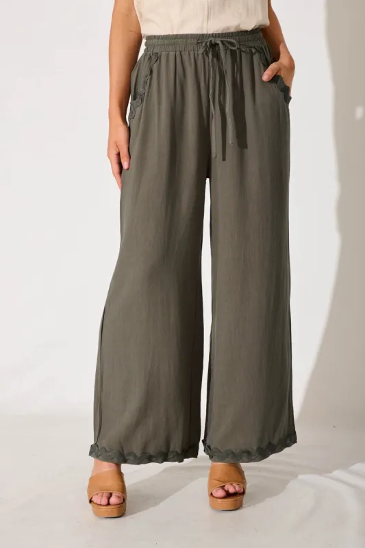 Anya Pant In Khaki With Ric Rac Trim Linen Blend sold by St Frock