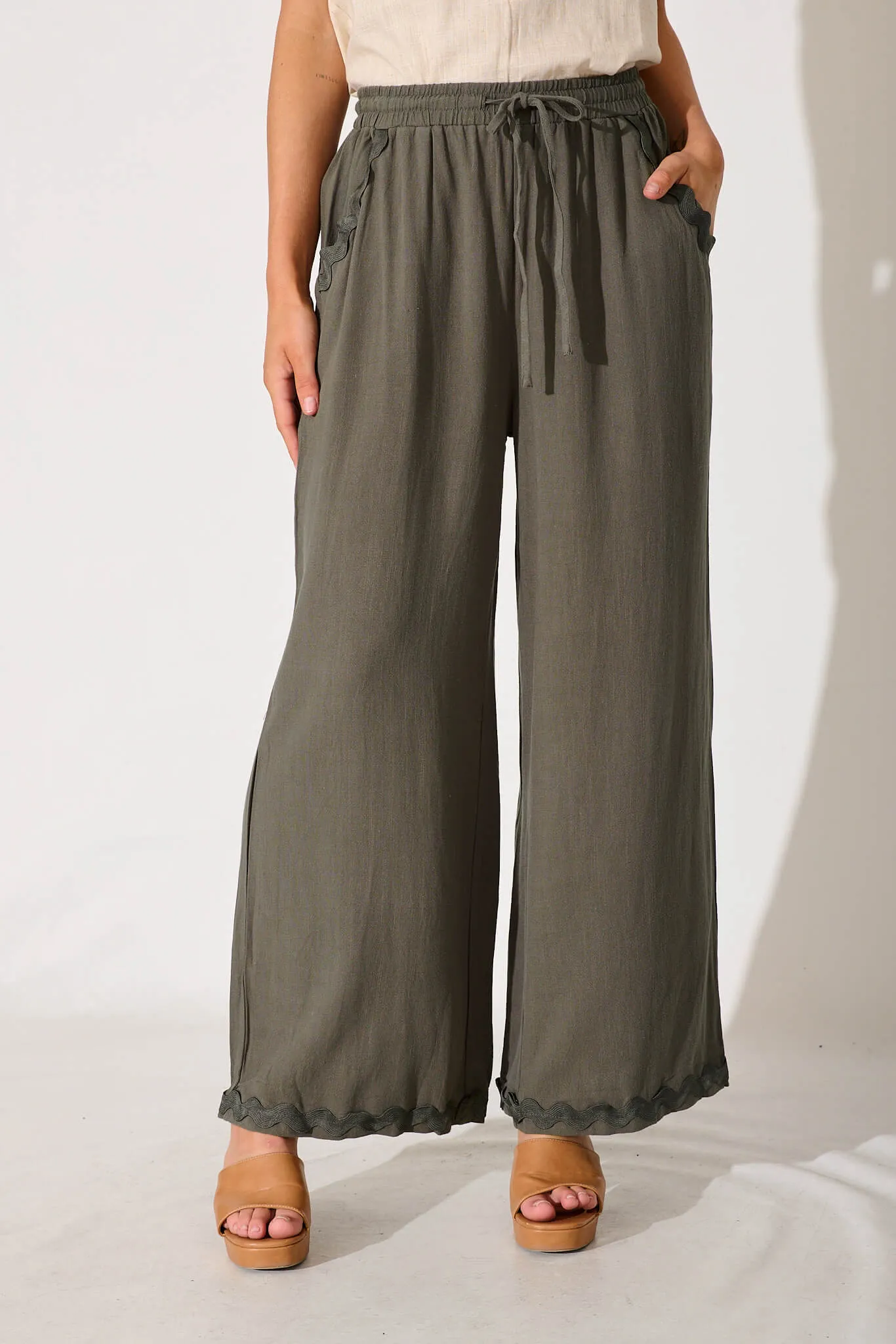 Anya Pant In Khaki With Ric Rac Trim Linen Blend sold by St Frock