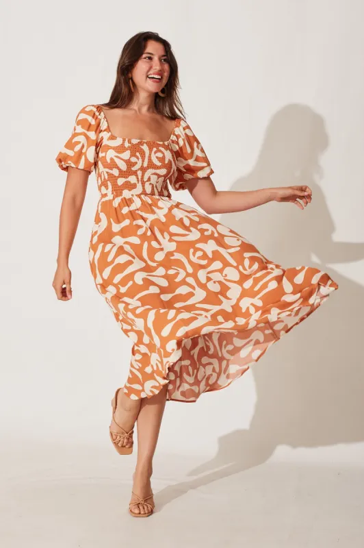 Mariam Midi Dress In Brown With Beige Print sold by St Frock