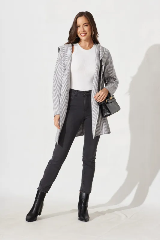 Jora Knit Hood Cardigan In Grey With Herringbone Print Wool Blend sold by St Frock