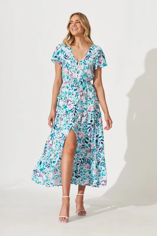 Clairie Maxi Dress In White With Teal Multi Watercolour Print sold by St Frock