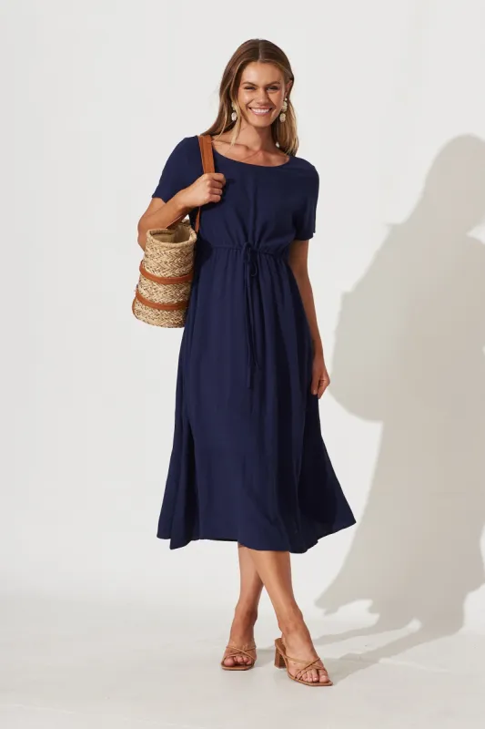 Mary Midi Dress In Navy Linen sold by St Frock