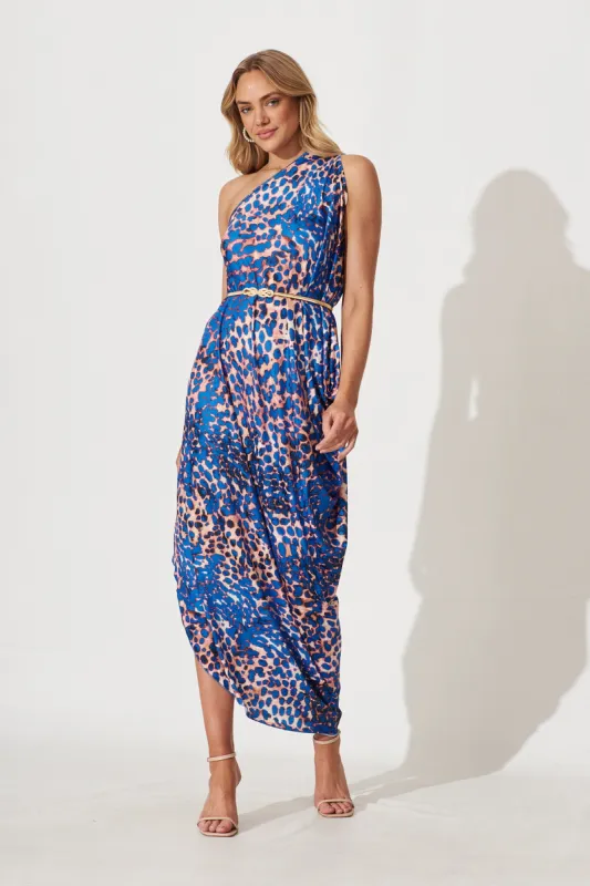 Goddess One Shoulder Maxi Dress In Blue With Rust Multi Print sold by St Frock