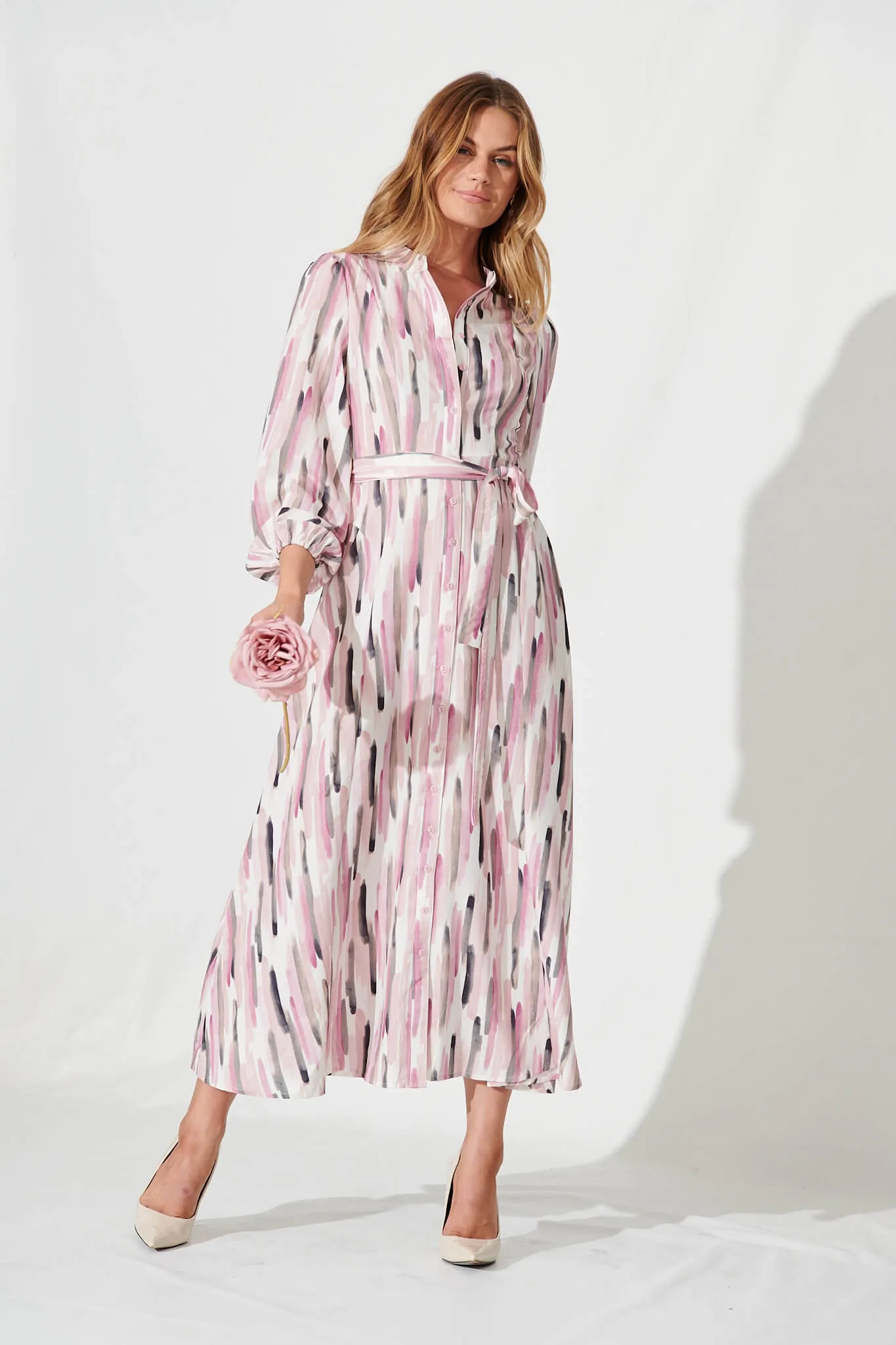 Lorie Maxi Shirt Dress In Cream Multi Brushstroke Print sold by St Frock product image thumbnail 5