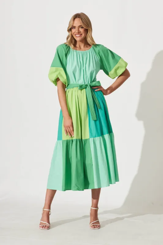 Laguna Midi Smock Dress In Multi Green Colourblock Cotton sold by St Frock