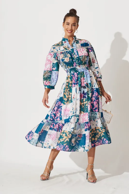 Lyn Midi Dress In Dark Green Patch Floral sold by St Frock