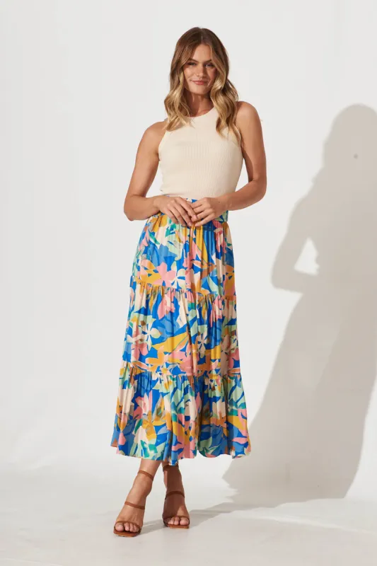 Wanderlust Maxi Skirt In Cobalt With Multi Floral sold by St Frock