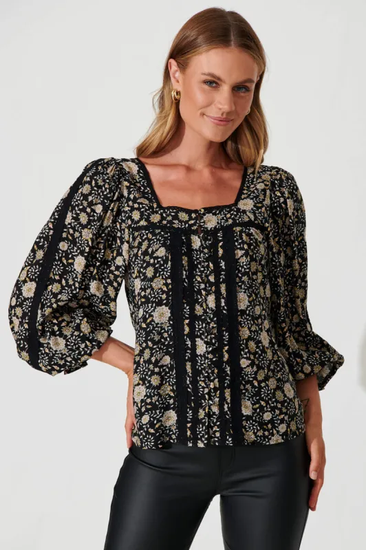 Martika Top In Black With Cream Floral sold by St Frock