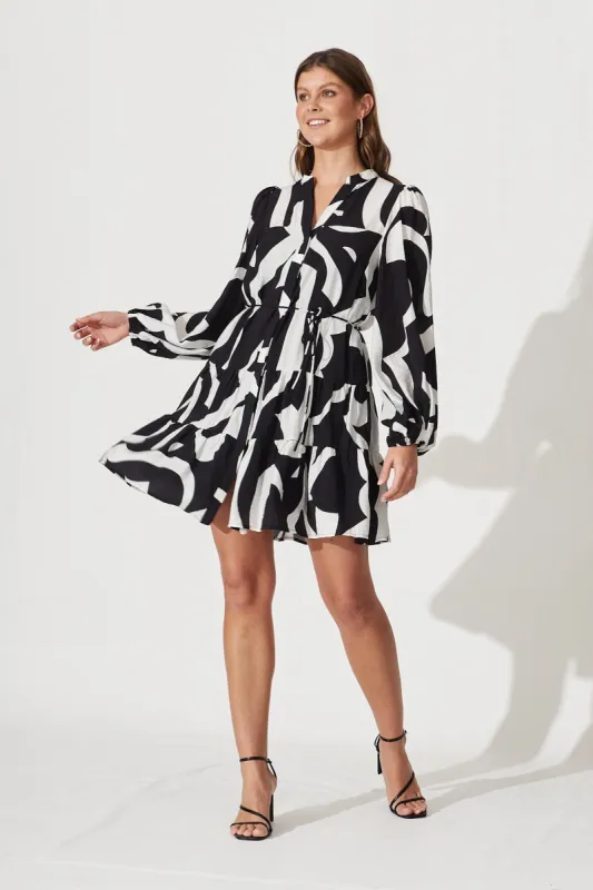 Santal Shirt Dress In Black With White Geometric Print Cotton Blend sold by St Frock