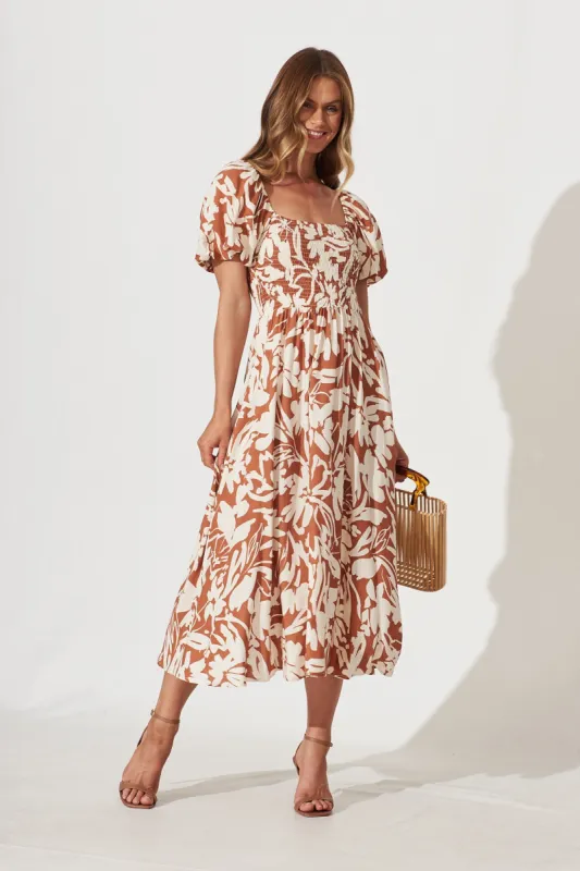 Mariam Midi Dress In Brown With Cream Floral sold by St Frock
