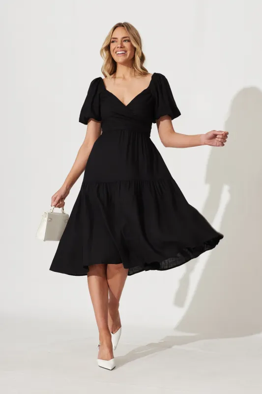 Anastasia Midi Dress In Black Cotton Linen Blend sold by St Frock