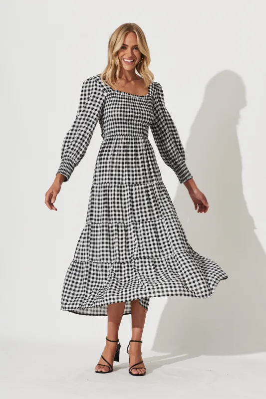 Athens Maxi Dress In White With Black Gingham Check sold by St Frock