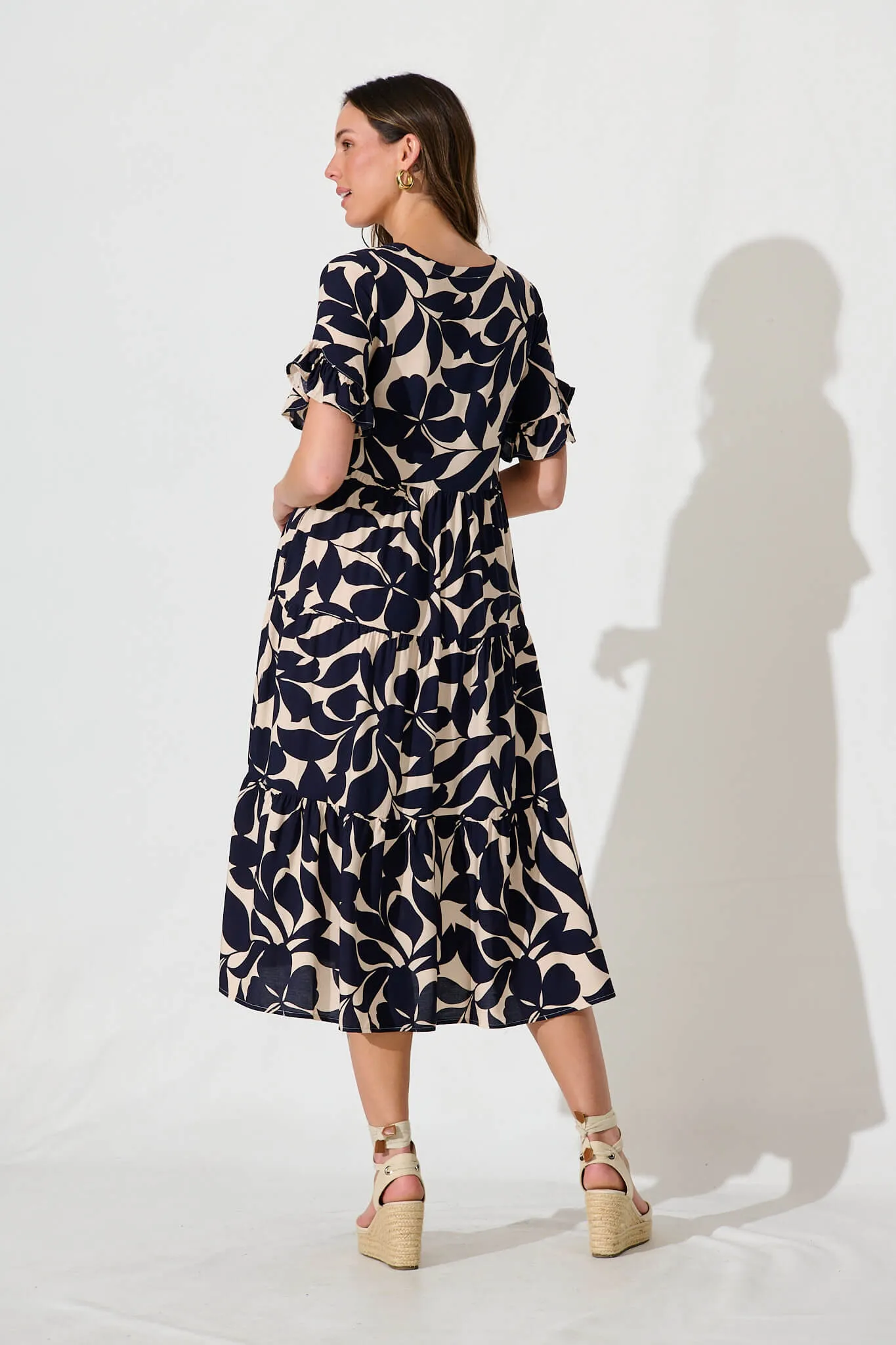 Kristen Midi Smock Dress In Beige With Navy Floral sold by St Frock product image thumbnail 3