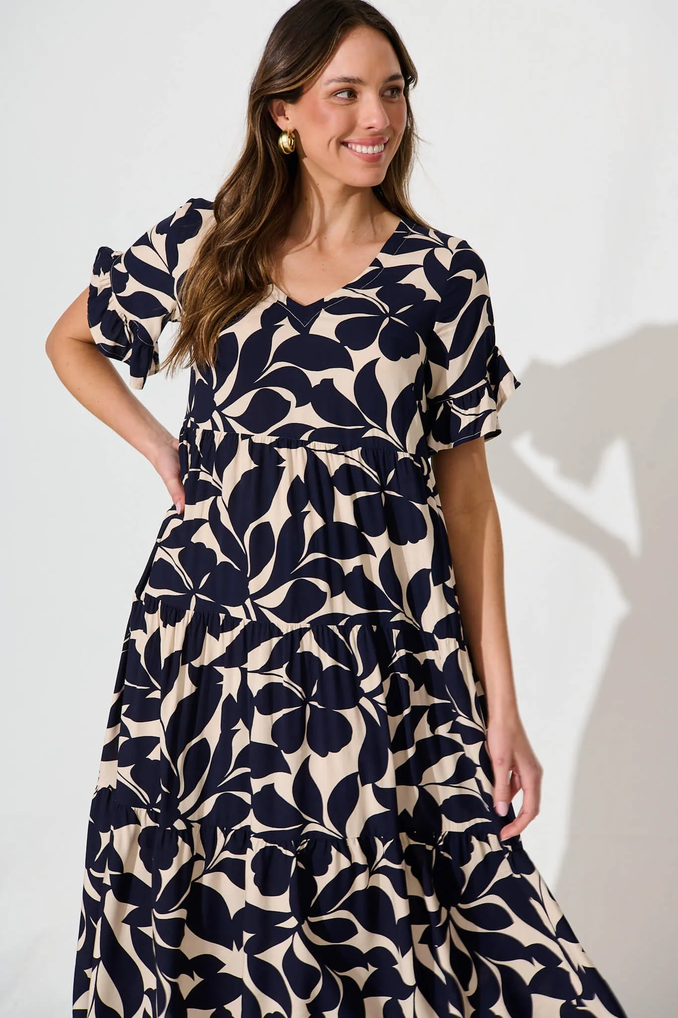 Kristen Midi Smock Dress In Beige With Navy Floral sold by St Frock product image thumbnail 2