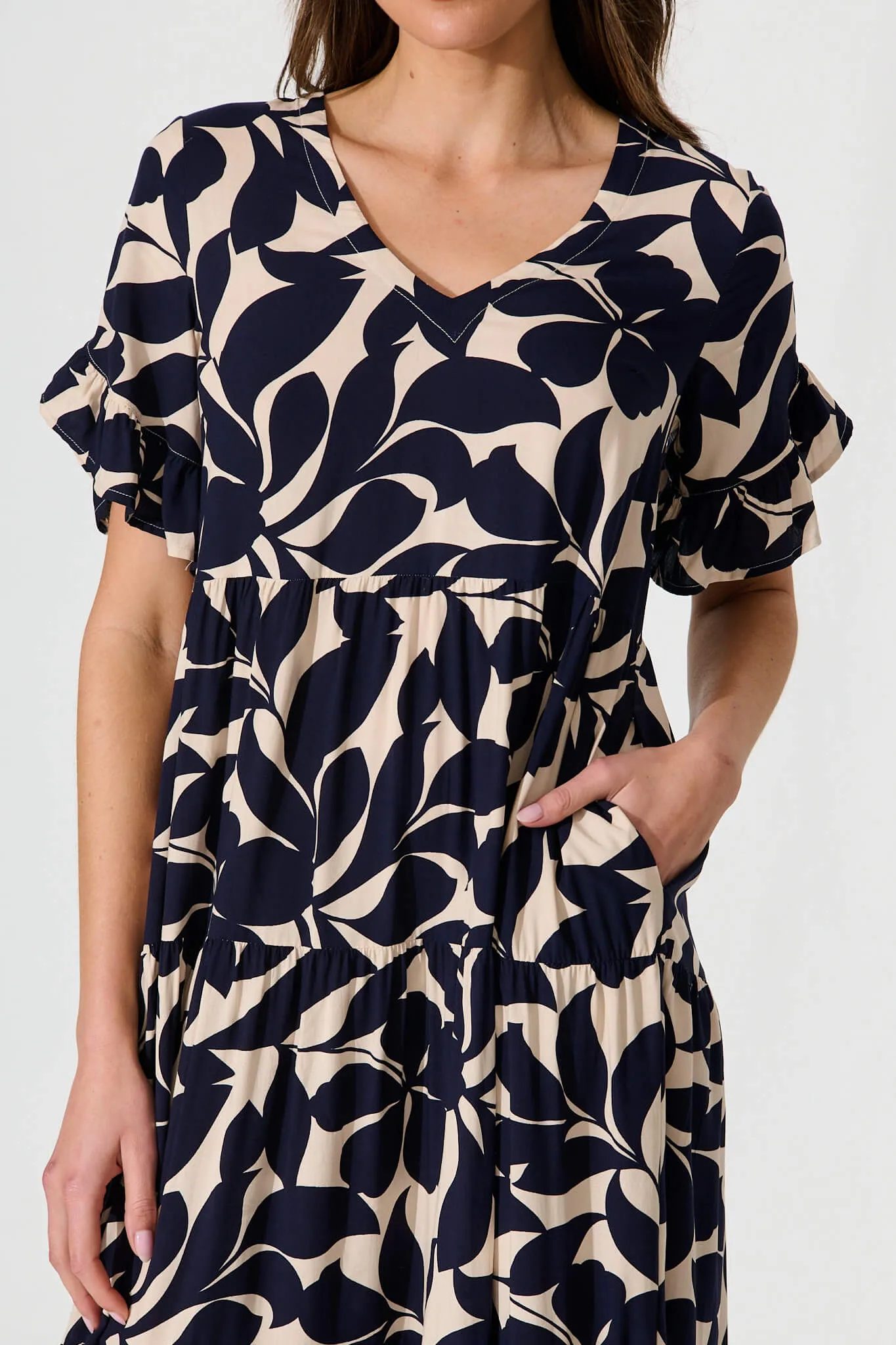 Kristen Midi Smock Dress In Beige With Navy Floral sold by St Frock product image thumbnail 5