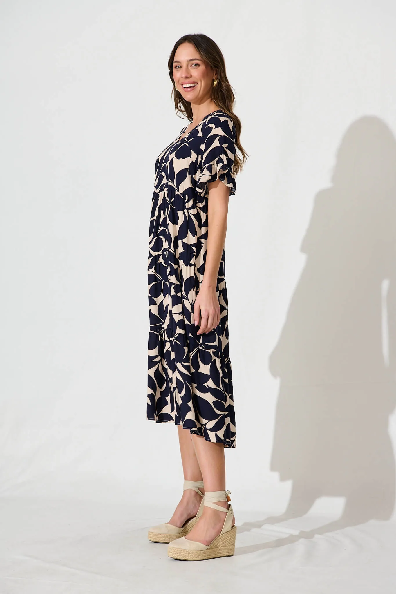 Kristen Midi Smock Dress In Beige With Navy Floral sold by St Frock product image thumbnail 4