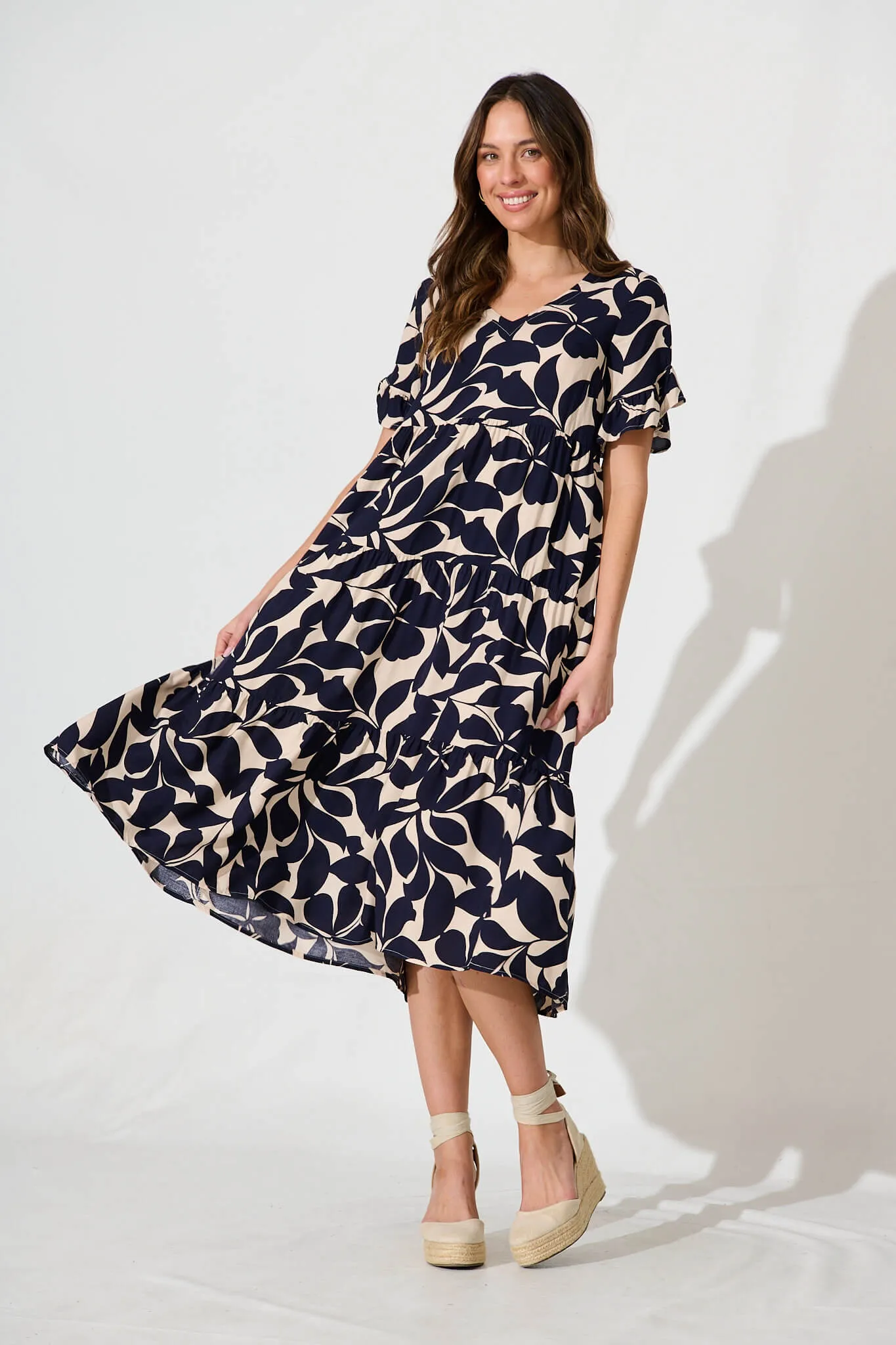 Kristen Midi Smock Dress In Beige With Navy Floral sold by St Frock