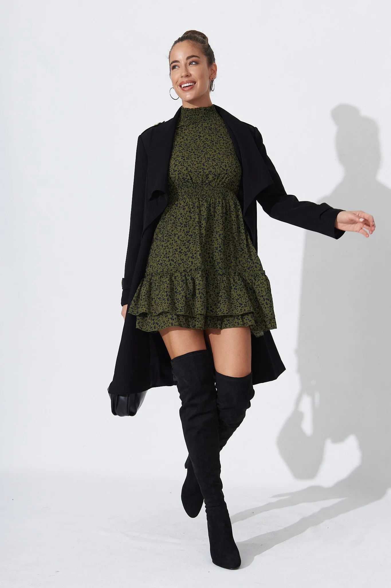 Audree High Neck Dress In Khaki With Black Leaf Print sold by St Frock product image thumbnail 3