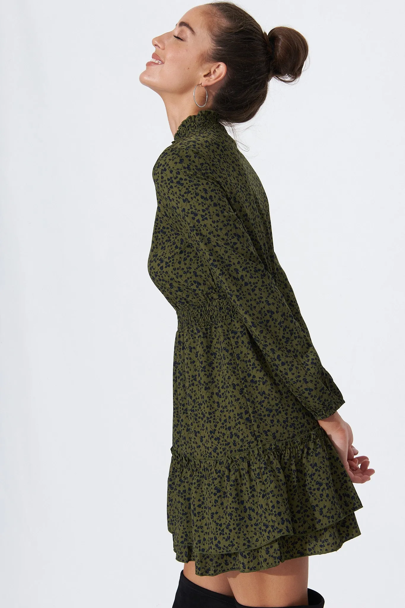 Audree High Neck Dress In Khaki With Black Leaf Print sold by St Frock product image thumbnail 4