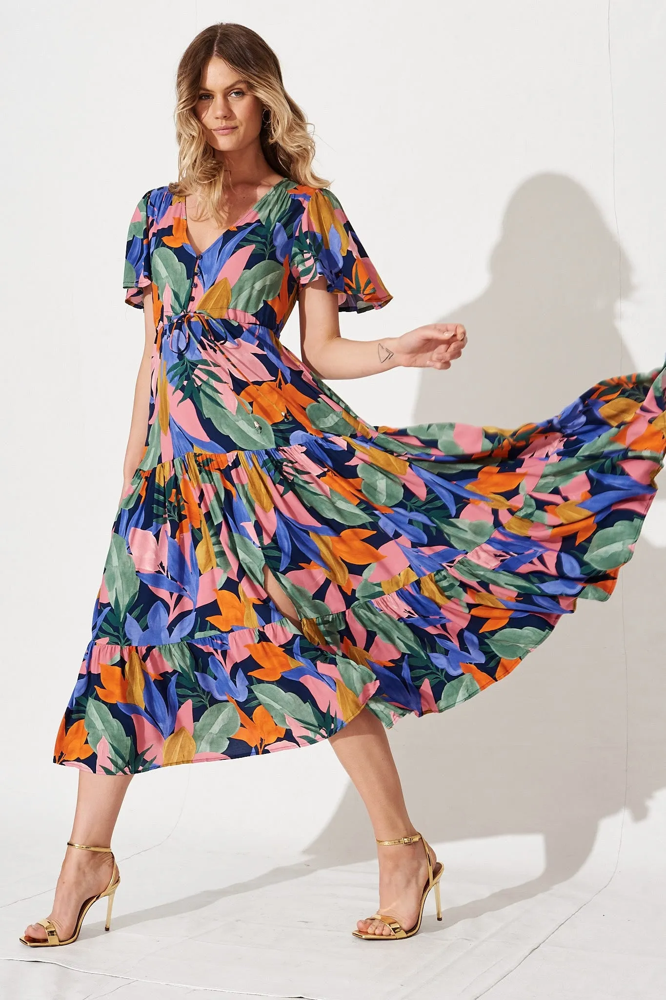 Violet Maxi Dress In Navy Multi Leaf Print sold by St Frock product image thumbnail 3