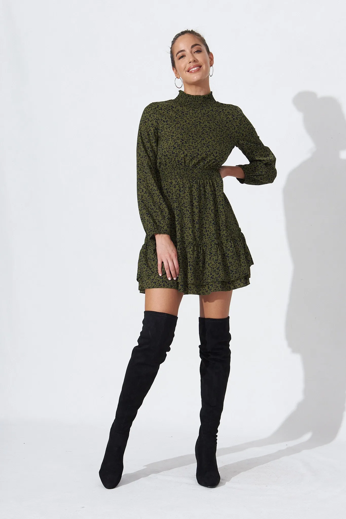 Audree High Neck Dress In Khaki With Black Leaf Print sold by St Frock product image thumbnail 2