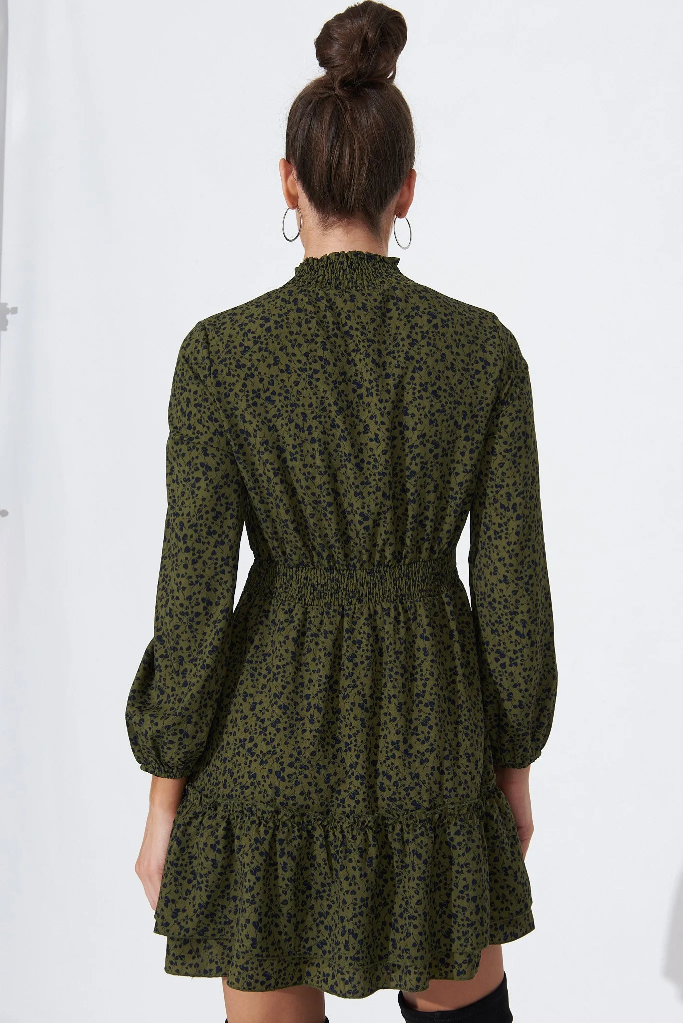 Audree High Neck Dress In Khaki With Black Leaf Print sold by St Frock product image thumbnail 5