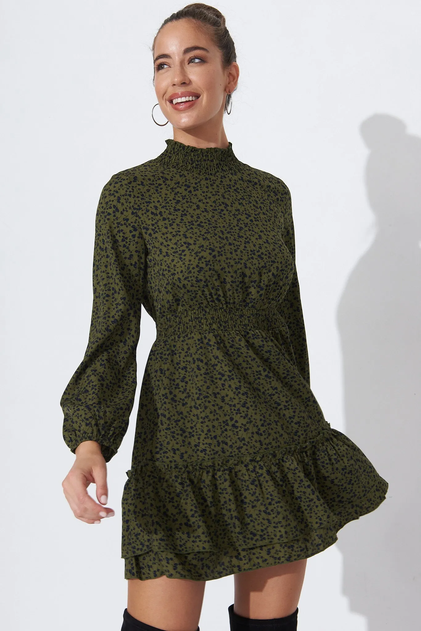 Audree High Neck Dress In Khaki With Black Leaf Print sold by St Frock