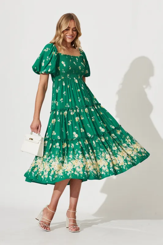 Jamelia Midi Dress In Green With Lemon Floral Print sold by St Frock