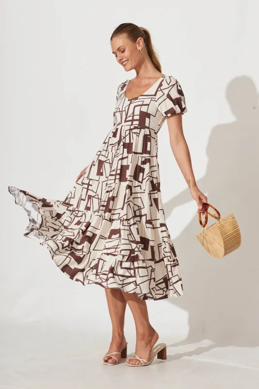 Tammie Midi Dress In White With Chocolate Geometric Print sold by St Frock