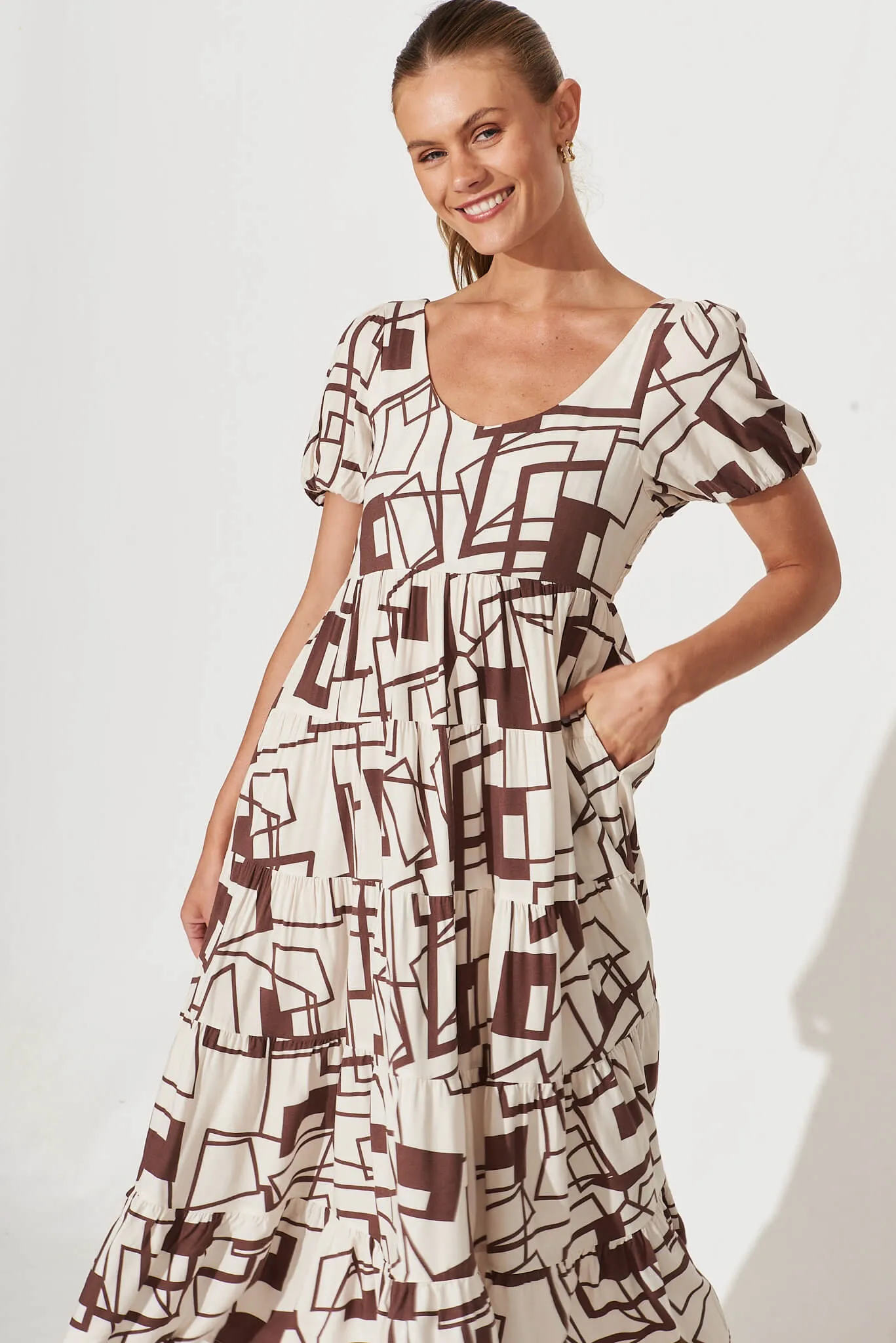 Tammie Midi Dress In White With Chocolate Geometric Print sold by St Frock product image thumbnail 2