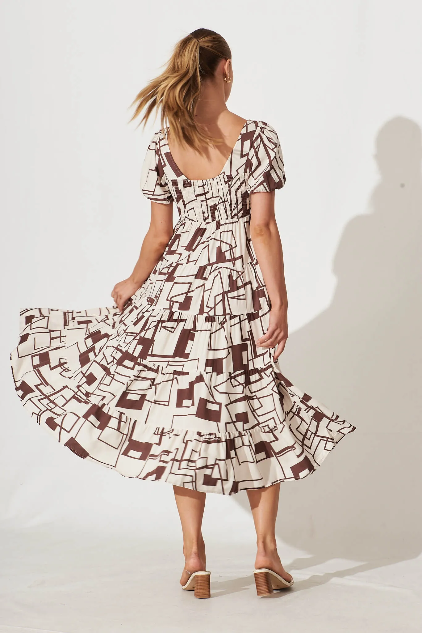 Tammie Midi Dress In White With Chocolate Geometric Print sold by St Frock product image thumbnail 4