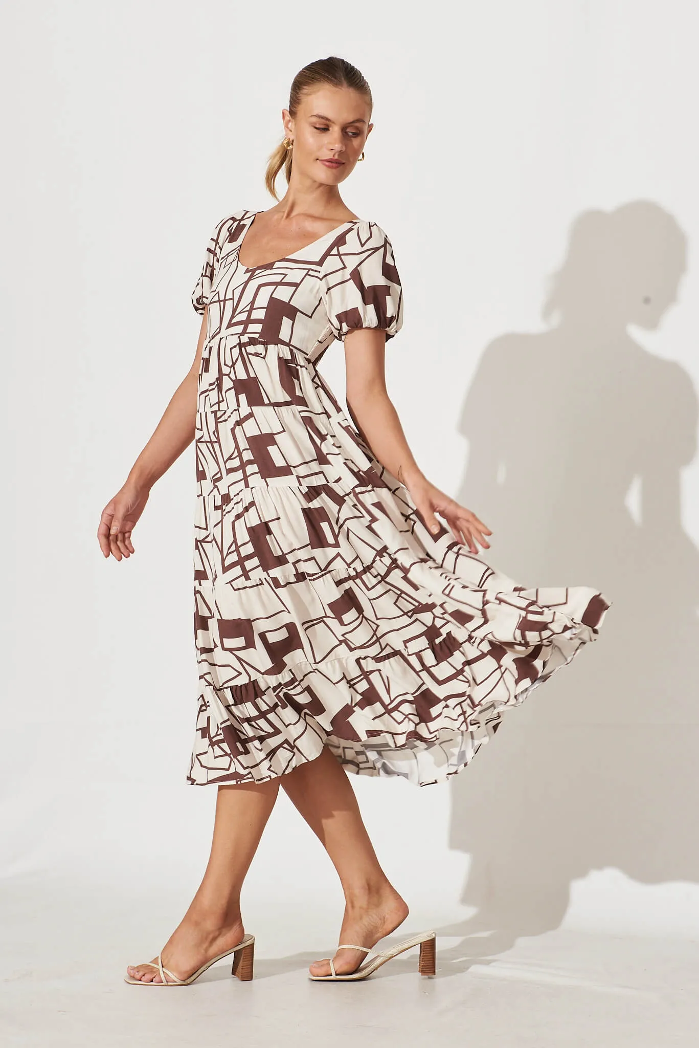 Tammie Midi Dress In White With Chocolate Geometric Print sold by St Frock product image thumbnail 3