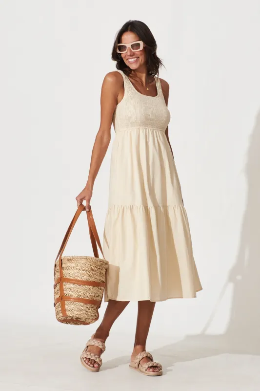Caribbean Midi Dress In Beige Cotton Linen sold by St Frock