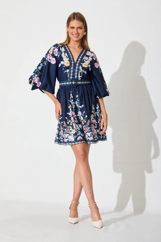 Amira Shirt Dress In Navy With Multi Floral sold by St Frock