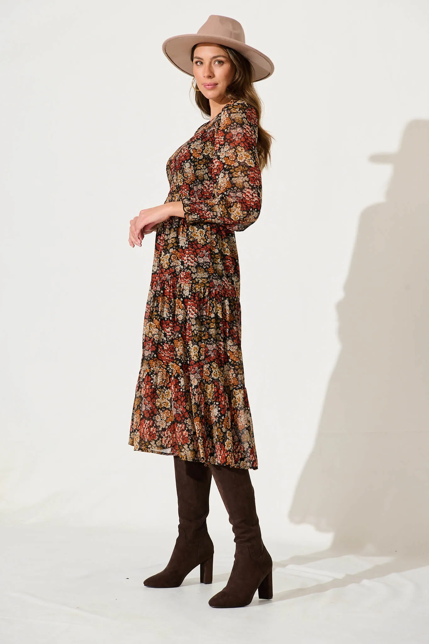 Jaseline Midi Dress In Multi Rust Floral Chiffon sold by St Frock product image thumbnail 3