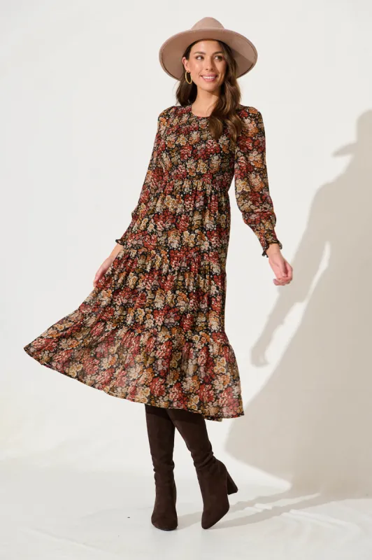 Jaseline Midi Dress In Multi Rust Floral Chiffon sold by St Frock