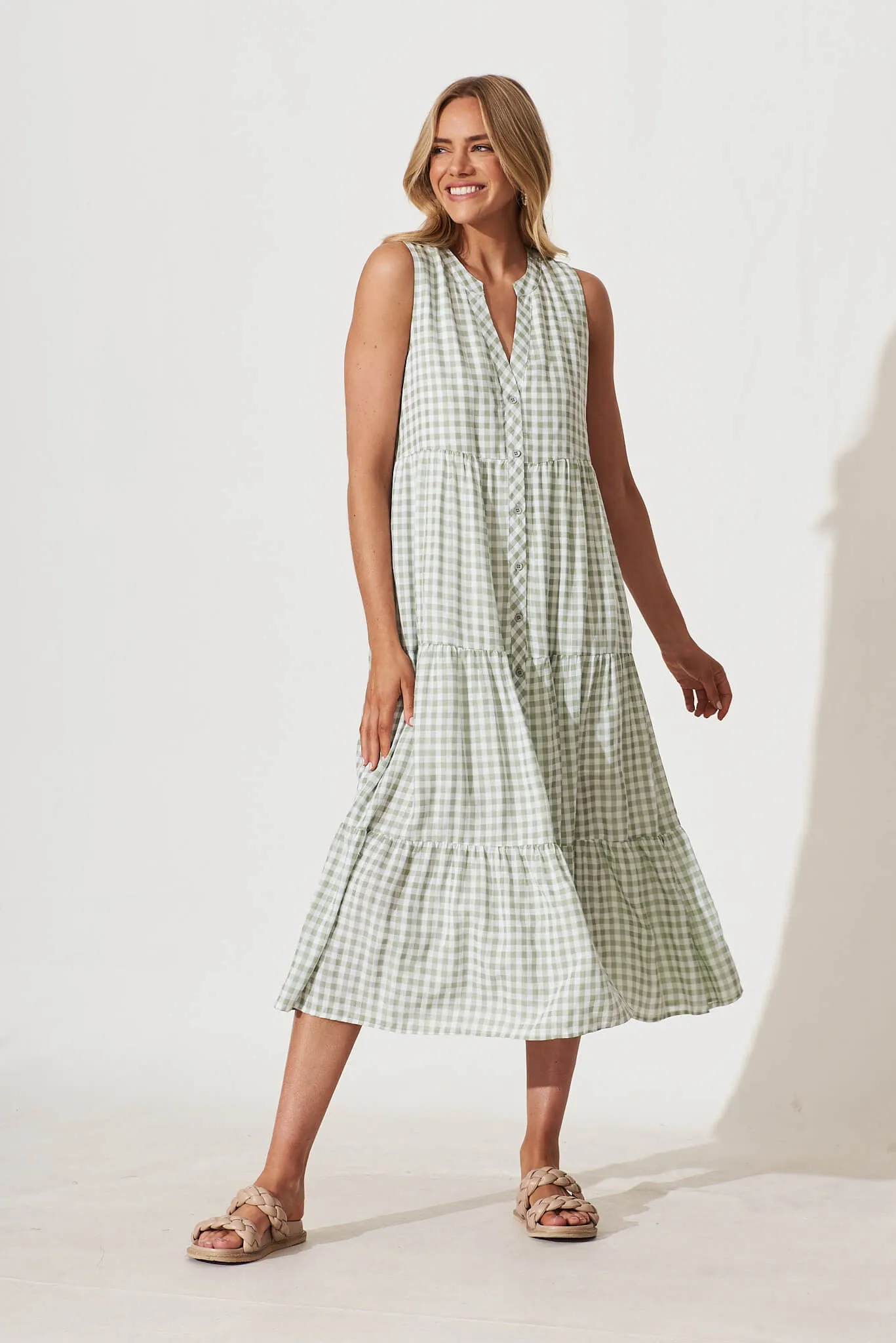Jolly Midi Smock Dress In Green Gingham Check Cotton Blend sold by St Frock