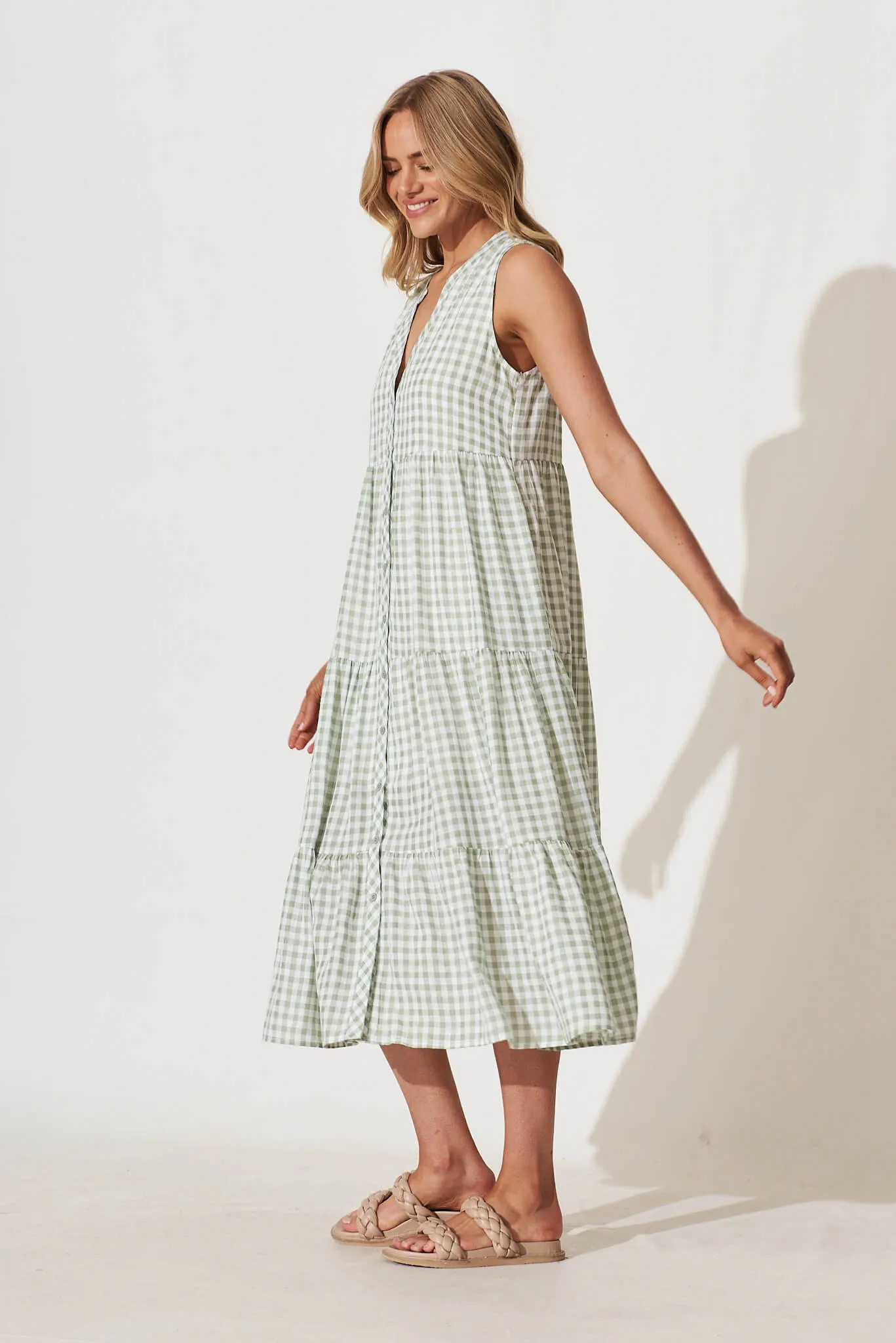 Jolly Midi Smock Dress In Green Gingham Check Cotton Blend sold by St Frock product image thumbnail 3