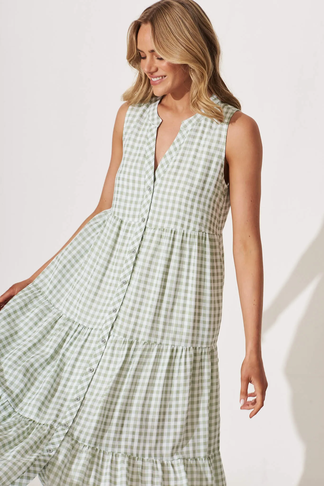 Jolly Midi Smock Dress In Green Gingham Check Cotton Blend sold by St Frock product image thumbnail 2
